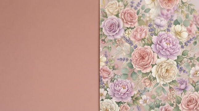 Floral collage background with dusty rose solid color on left side