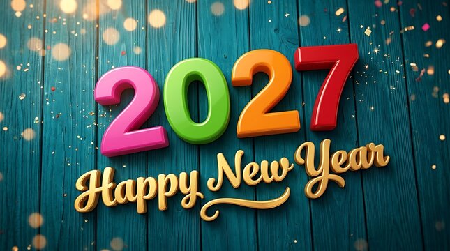 Colorful 2027 new year celebration with sparkling lights and wooden background