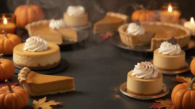 Festive Halloween Pumpkin Desserts Displayed With Whipped Cream And Autumn Decorations