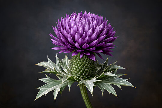  A sophisticated photorealistic close-up of a single Scottish thistle.