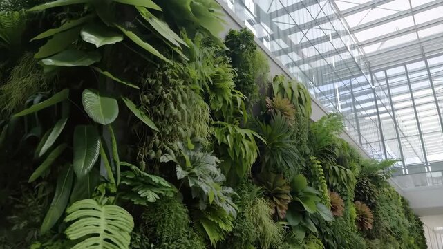 60 FPS tracking shot along indoor living wall under glass atrium roof with lush tropical foliage