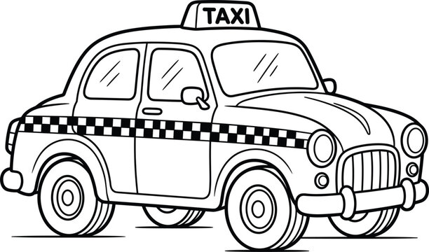 Retro taxi cab vehicle with checkered pattern side striping and rooftop light sign drawn on white background