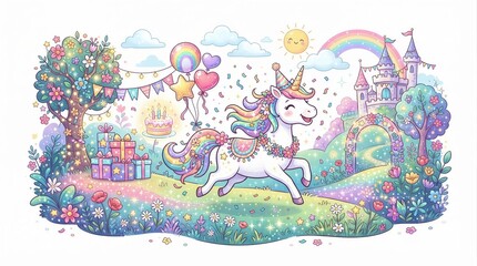Fototapeta premium Unicorn prancing in pastel birthday meadow with castle