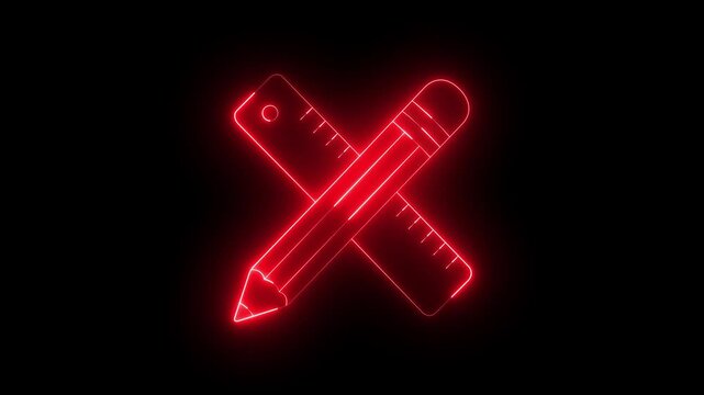 glowing neon Crossed pencil and ruler icon isolated on black background. representing design, architecture, measurement tools drafting design and geometry. 4k video animation.