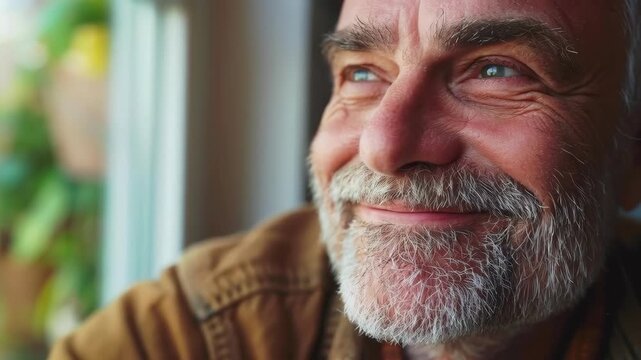Close-up of Happy Elderly Man with Gray Beard Smiling with Eyes Closed