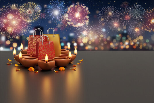 Diwali Celebration With Glowing Diyas, Shopping Bags and Fireworks Over a Festive Night Skyline