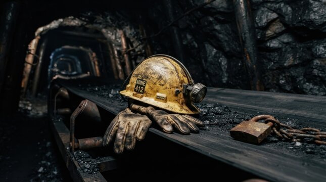 Coal miner hard hat, leather gloves, and rusted padlock on a stopped conveyor belt near a dark mine shaft opening