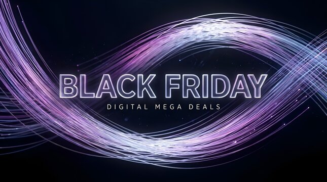 Black Friday Digital Mega Deals Banner Design with Glowing Light Waves.
