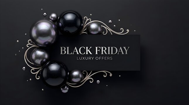 Black Friday Luxury Offers Banner Design with Shiny Spheres.
