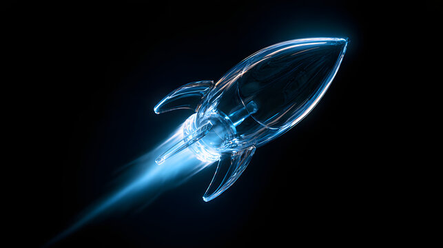 A glowing glass rocket spacecraft indicates the start-up's futuristic mission, launch, and exploration in the field of aerospace travel