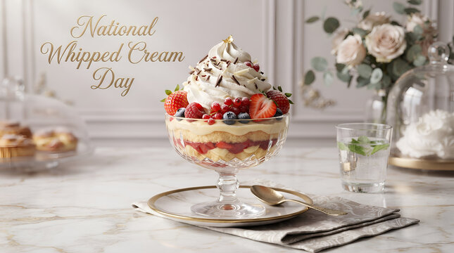 Delicious berry trifle dessert with whipped cream in a glass bowl for