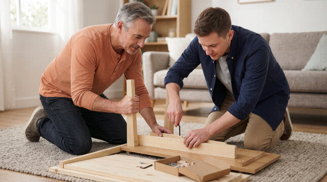 Father and adult son assembling flat-pack furniture together in living room for home improvement.