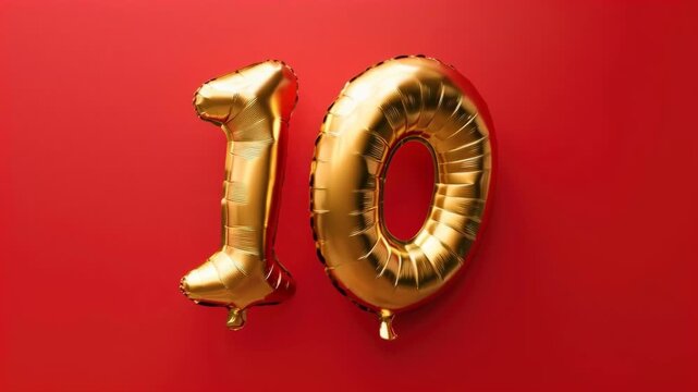 Gold Foil Balloon Number 10 on Red Background