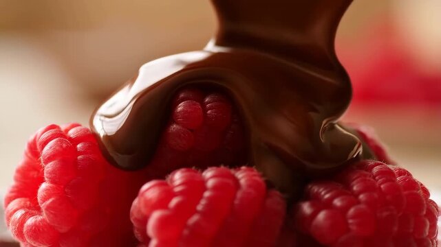 60 FPS macro chocolate sauce pouring over fresh raspberries glossy dessert close up