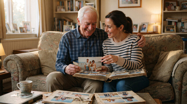 Older father and adult daughter reminiscing over family photo album in cozy living room.