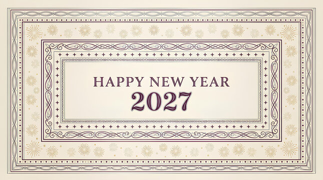Happy New Year 2027 greeting card frame design with ornate vintage borders and gold fireworks