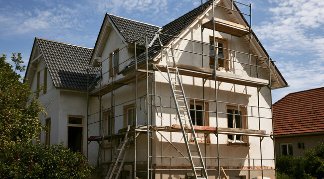 Work on the house's exterior includes painting and renovation, using metal scaffolding and ladders.