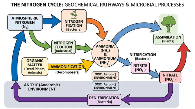 Nitrogen cycle scientific diagram illustrating geochemical pathways, educational biology cycle flowchart, nitrogen fixation process infographic