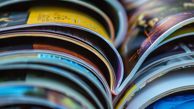 Stacked glossy magazine pages, colorful print media close-up, publishing and journalism concept, stack of catalogs with bokeh
