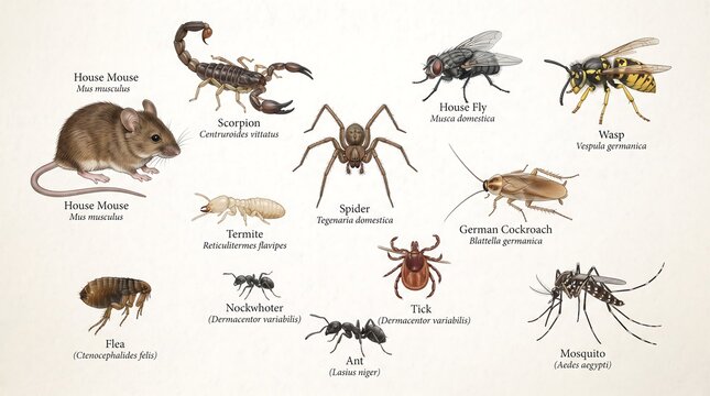 Vintage pest control illustration chart, household pests and insects set, vintage biological diagram with mouse spider flea cockroach ant mosquito