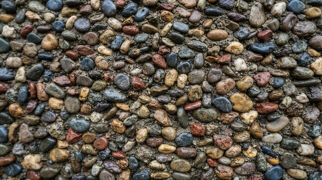 Wet pebble surface with mixed stone texture closeup