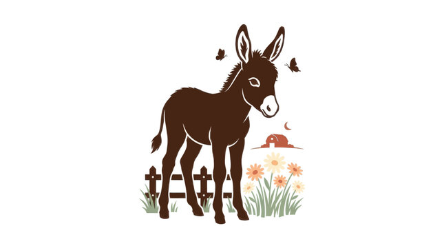 Charming brown donkey vector graphic illustration featuring playful butterflies, vibrant floral elements, rustic wooden fence, and scenic countryside barn architecture details