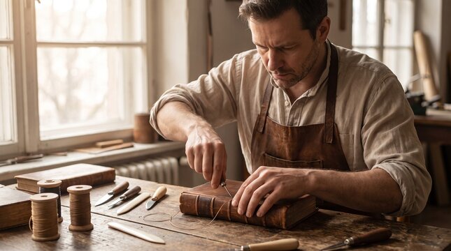 Man repairing leather book binding at wooden workbench, artisan craftsmanship