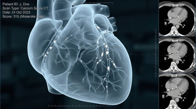 Human heart 3D rendering displaying coronary calcium score results from a CT scan, highlighting arterial plaque and cardiovascular health risk assessment for diagnosis