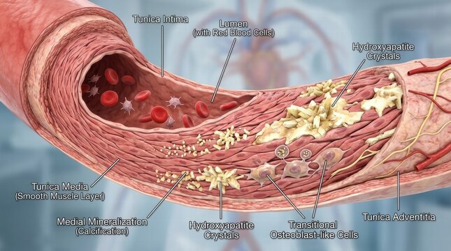 Cross section of an arterial wall showing medial calcification with hydroxyapatite crystal deposits and osteoblast like cells disrupting the tunica media and narrowing the lumen