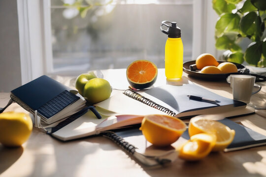 Fresh citrus and tech on wooden table