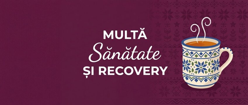 Romanian health recovery greeting banner featuring traditional folk ceramic mug of hot tea with steam, Romanian message Multa Sanatate si Recovery, winter background with copy space for wellness card.