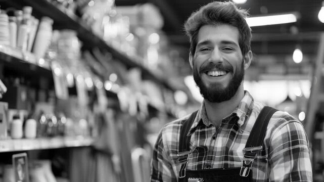Friendly bearded man in flannel shirt and suspenders in boutique shop