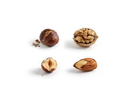 Hazelnuts and walnuts with shells displayed on clean surface isolated on white background