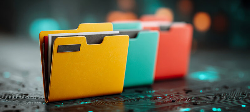 Colorful file folders standing on a dark surface, organized paperwork, document management, office storage, business administration.