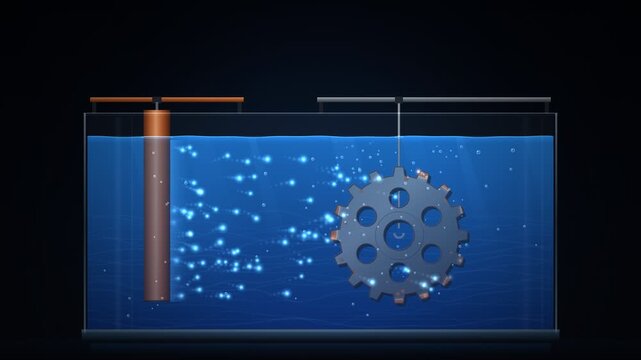 Electroplating Copper onto Steel Gear in Blue Solution Animation