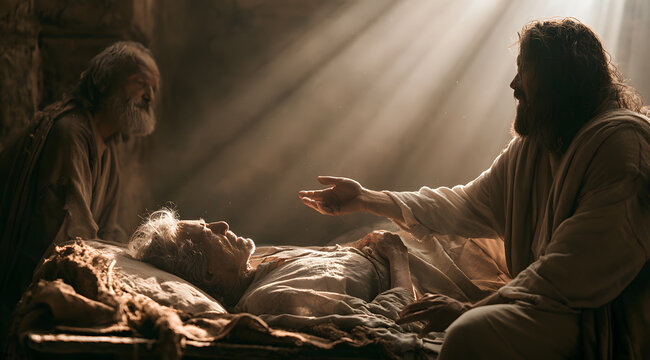 Jesus treating the bedridden man illuminated by spiritual light, a sacred image from the Bible. It symbolizes faith, love, and mercy, cherished by Christians during Easter and in their places of worsh