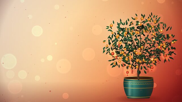 Kumquat Tree with Red Lanterns Lunar New Year Seamless Loop