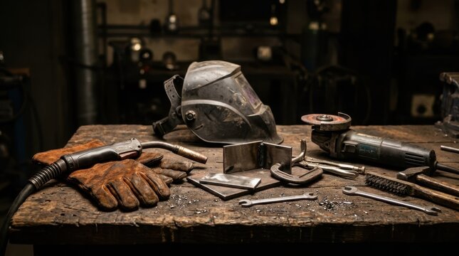 Welding training tools on a workbench with MIG torch, leather gloves, auto-darkening helmet, steel coupons, grinder, and clamps.