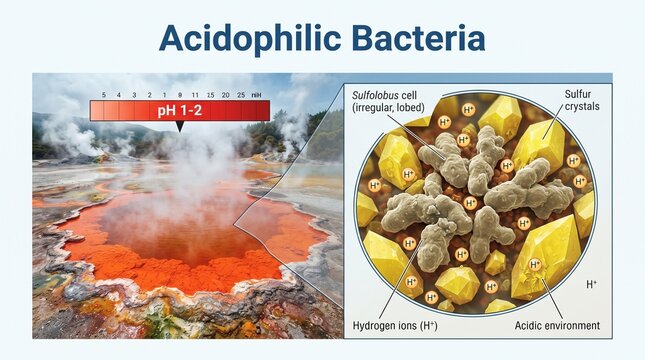 acidophilic bacteria thriving in geothermal vent environment with vibrant red sulfur and yellow crystals