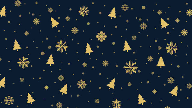 Luxury Christmas vector pattern featuring gold pine tree icons and intricate snowflakes on dark navy blue background. Ideal seasonal background for holiday greeting cards and gift wrap design.