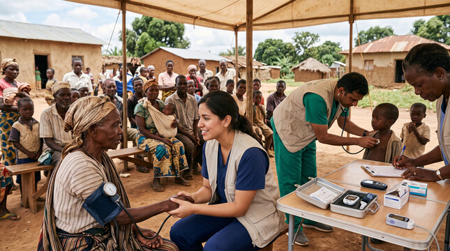 Medical team providing health care to villagers in a rural setting  