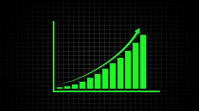 Animated financial bar chart showing exponential business growth with rising arrow trend line on a dark grid background, for corporate presentations, 4k 