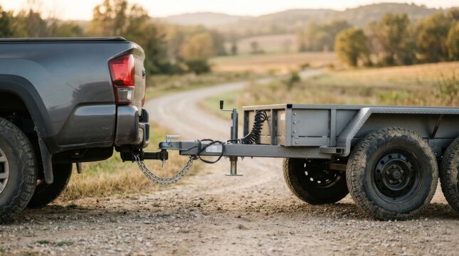 Dual-axle ATV trailer securely hitched to a pickup truck on a sunlit dirt road, representing outdoor adventure, reliable cargo transport, and recreational vehicle utility in rural landscapes.
