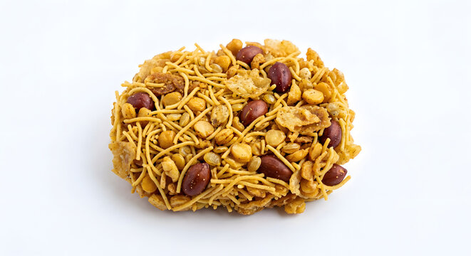 Compact Pakistani nimco mixture with fine sev on White Background