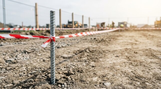 Metal rebar stake marked with red and white warning tape at a construction site perimeter, showcasing land development planning and safety boundaries in bright daylight.