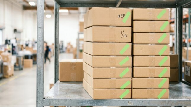 Stacked cardboard shipping boxes organized on industrial warehouse shelves with shipping labels and green tape markings for logistics and inventory management