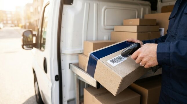 Courier scanning a cardboard package with a barcode reader inside a delivery van, highlighting efficient logistics, supply chain management, and professional parcel handling services.