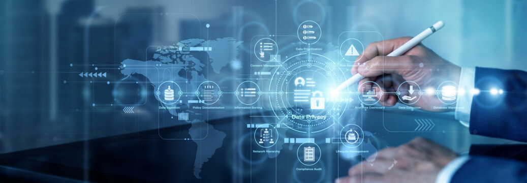 A privacy officer points at a network display showing consent settings, masked records, and protected data flows. Data Privacy governs the responsible collection and use of personal data.