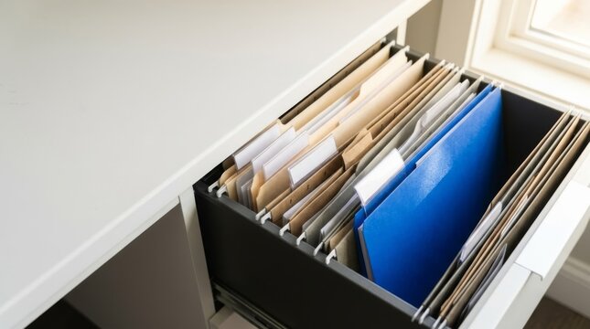 Open filing cabinet drawer filled with organized neutral manila folders and a single cobalt blue file representing professional document management and office productivity