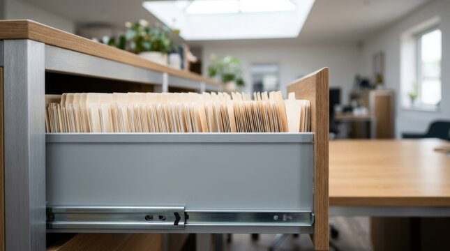 Open filing cabinet drawer filled with organized beige folders in a bright modern office, representing professional efficiency, document management, and administrative order.